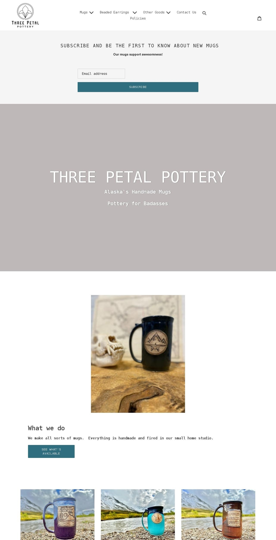 threepetalpottery.com shopify website screenshot