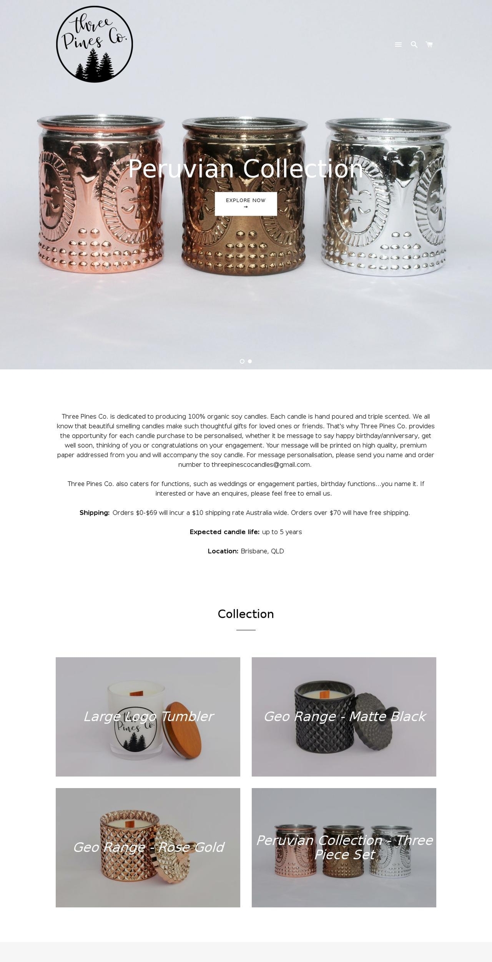 threepinesco.com — Shopify storefront screenshot