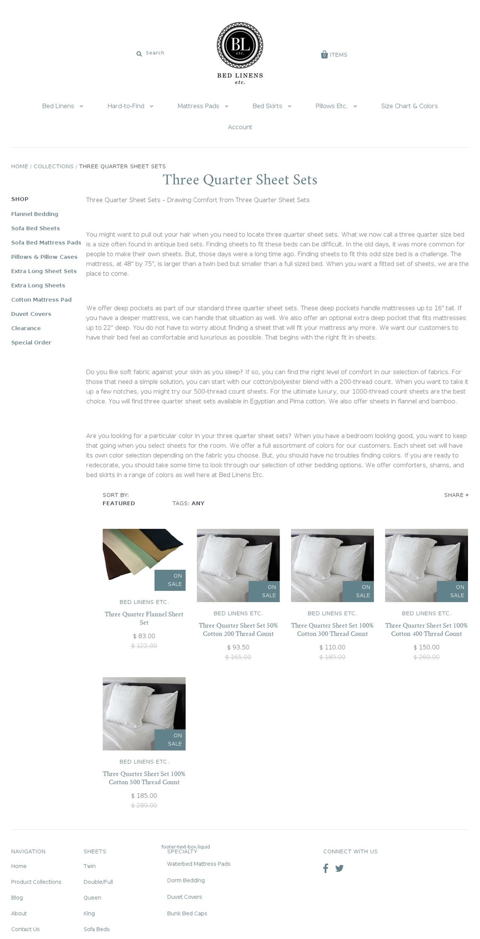 threequarterbedsheets.com — Shopify storefront screenshot