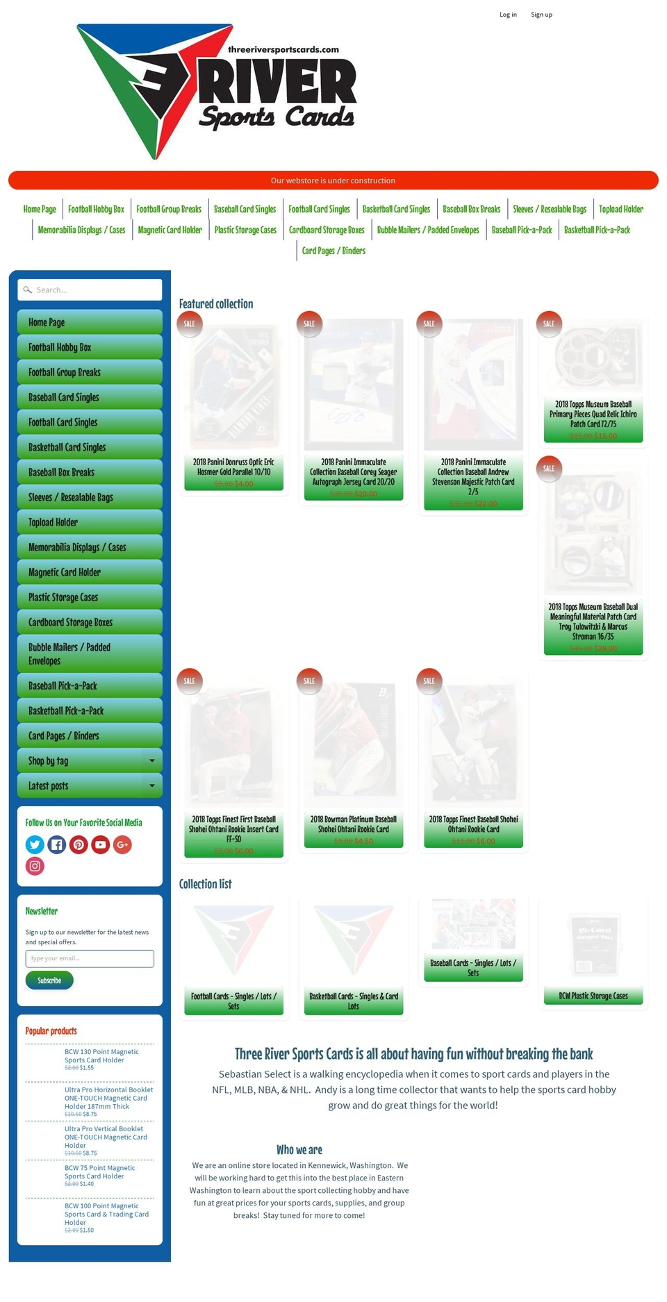 threeriversportscards.com shopify website screenshot