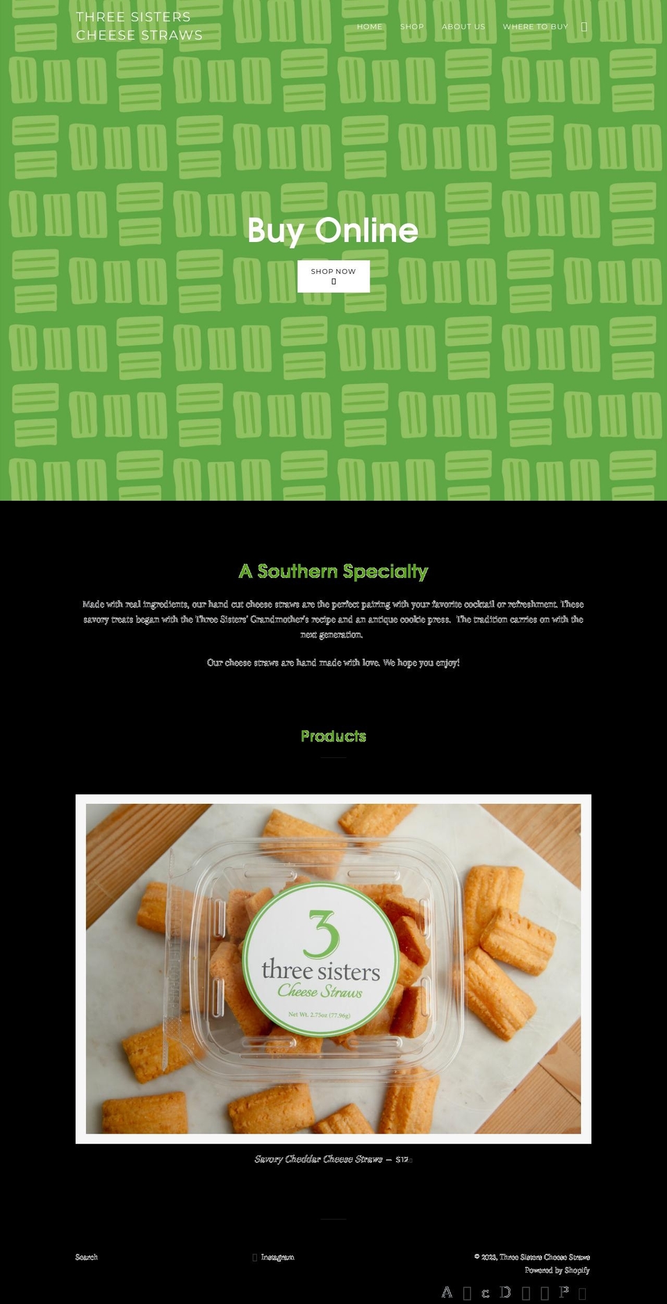 threesisterscheesestraws.com — Shopify storefront screenshot