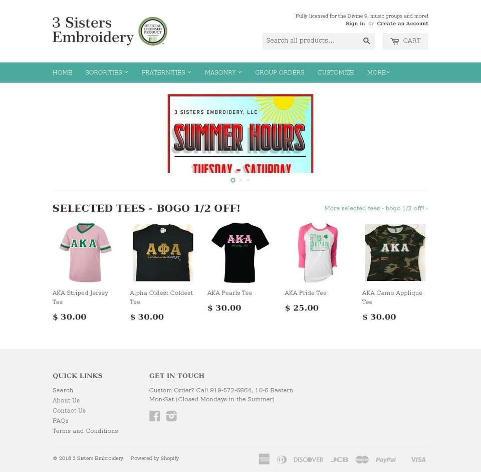 threesistersembroidery.com — Shopify storefront screenshot