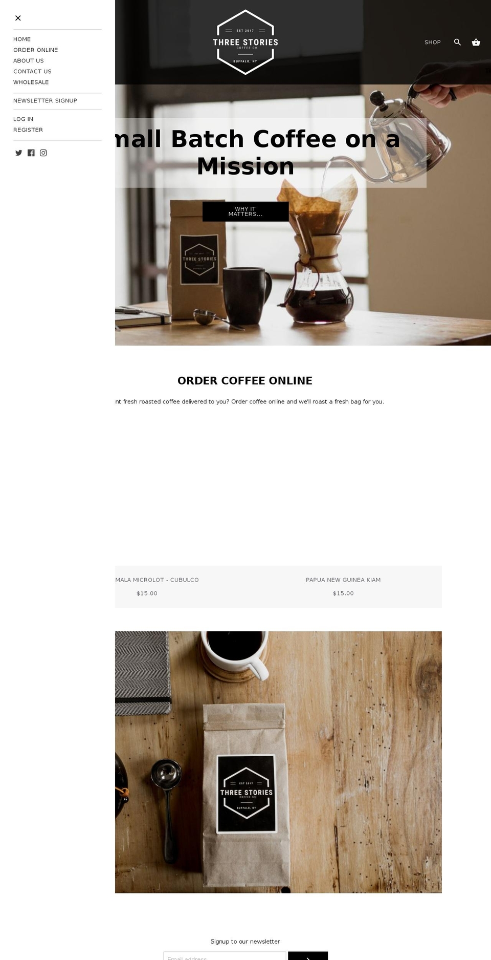threestoriescoffee.net shopify website screenshot