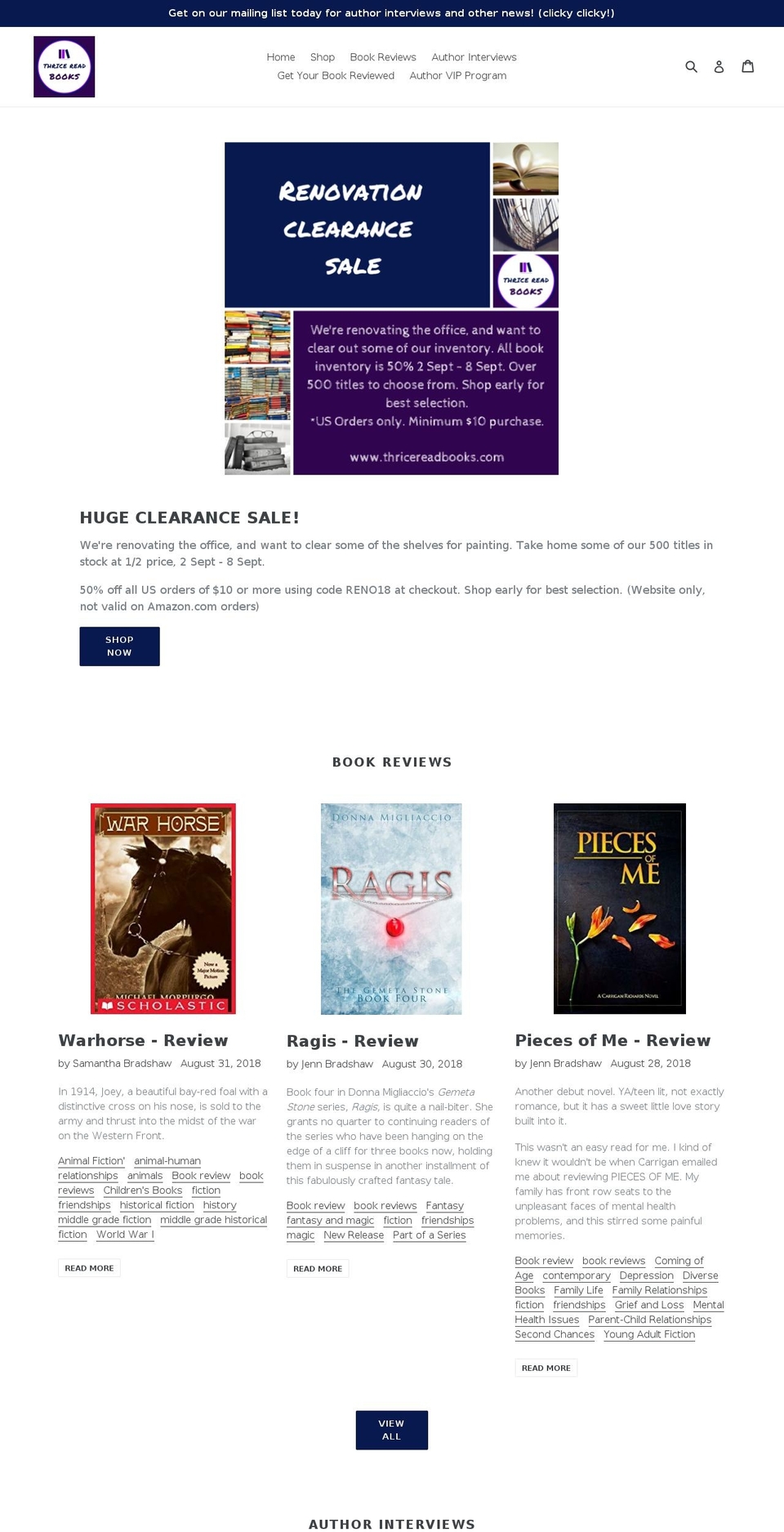 thricereadbooks.com — Shopify storefront screenshot