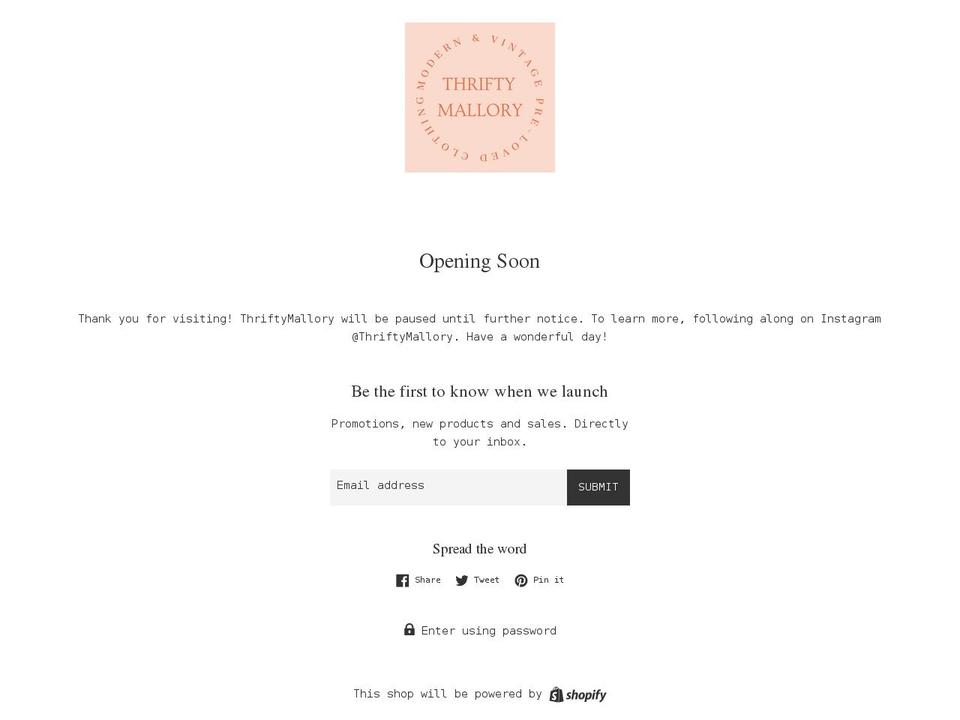 thriftymallory.com shopify website screenshot