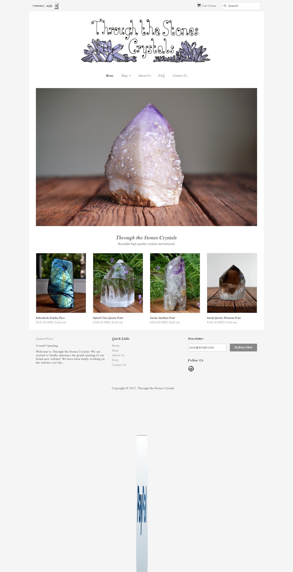 throughthestonescrystals.com shopify website screenshot