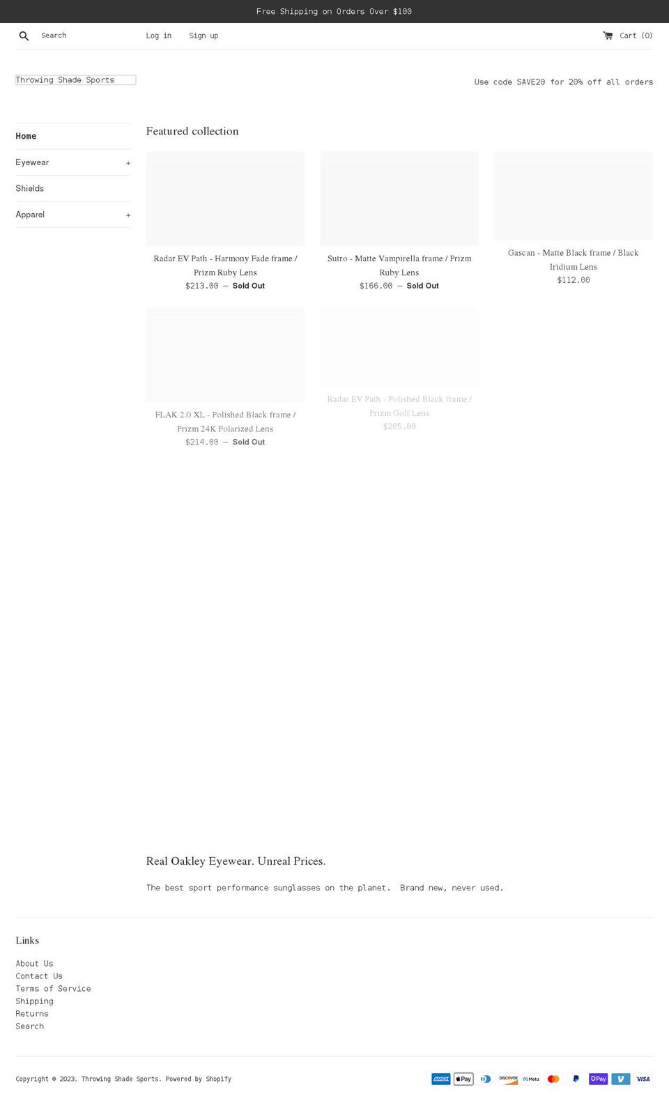 throwingshadesports.com — Shopify storefront screenshot