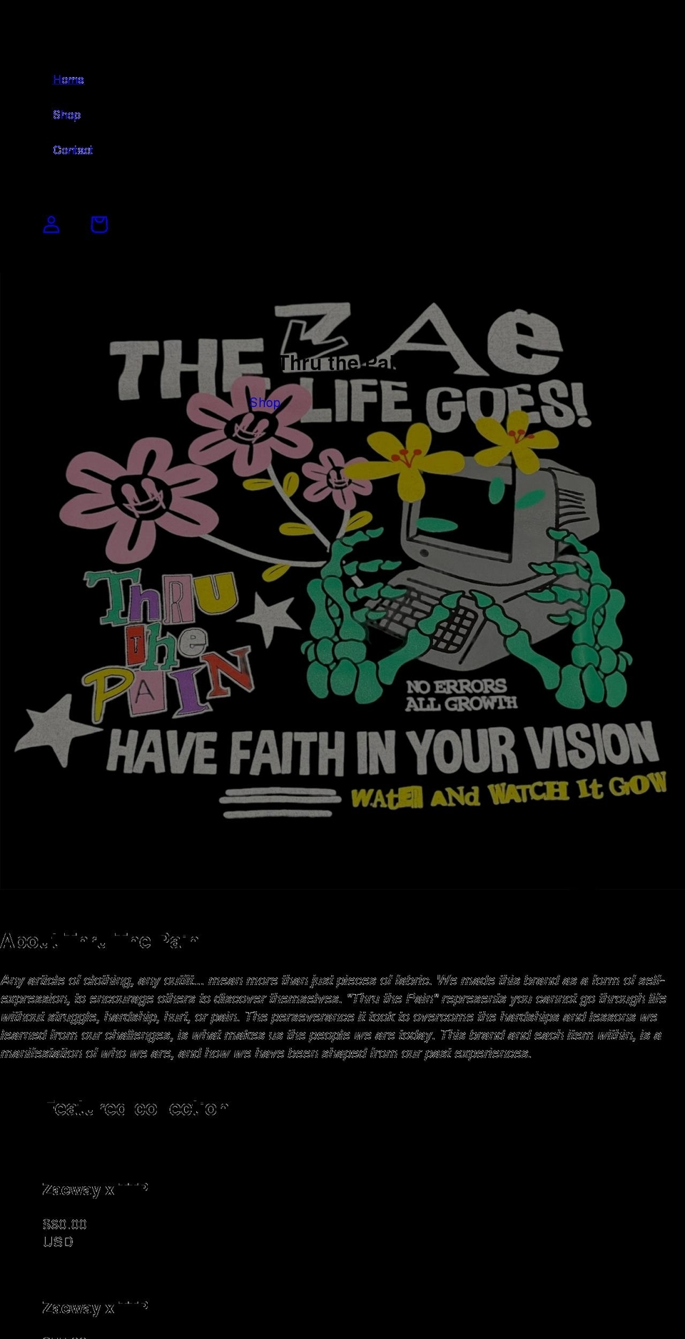 thruthepainclothing.com shopify website screenshot