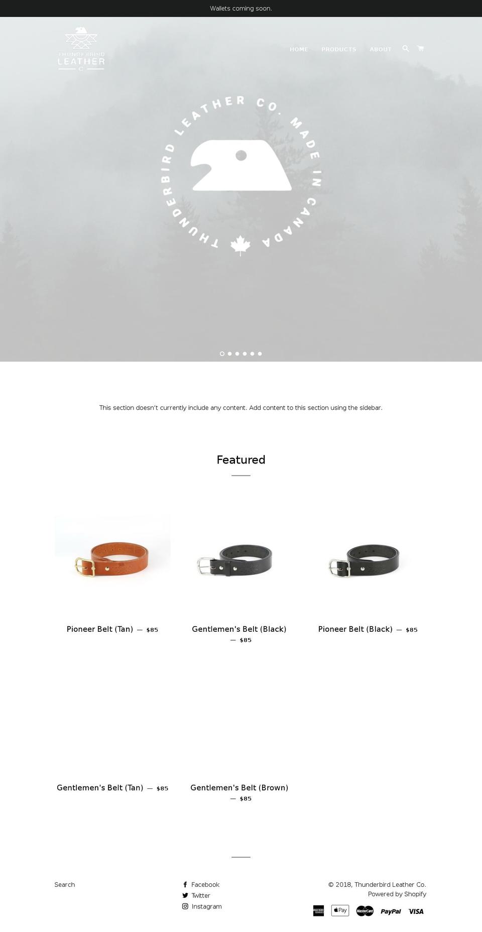 thunderbirdleather.com — Shopify storefront screenshot