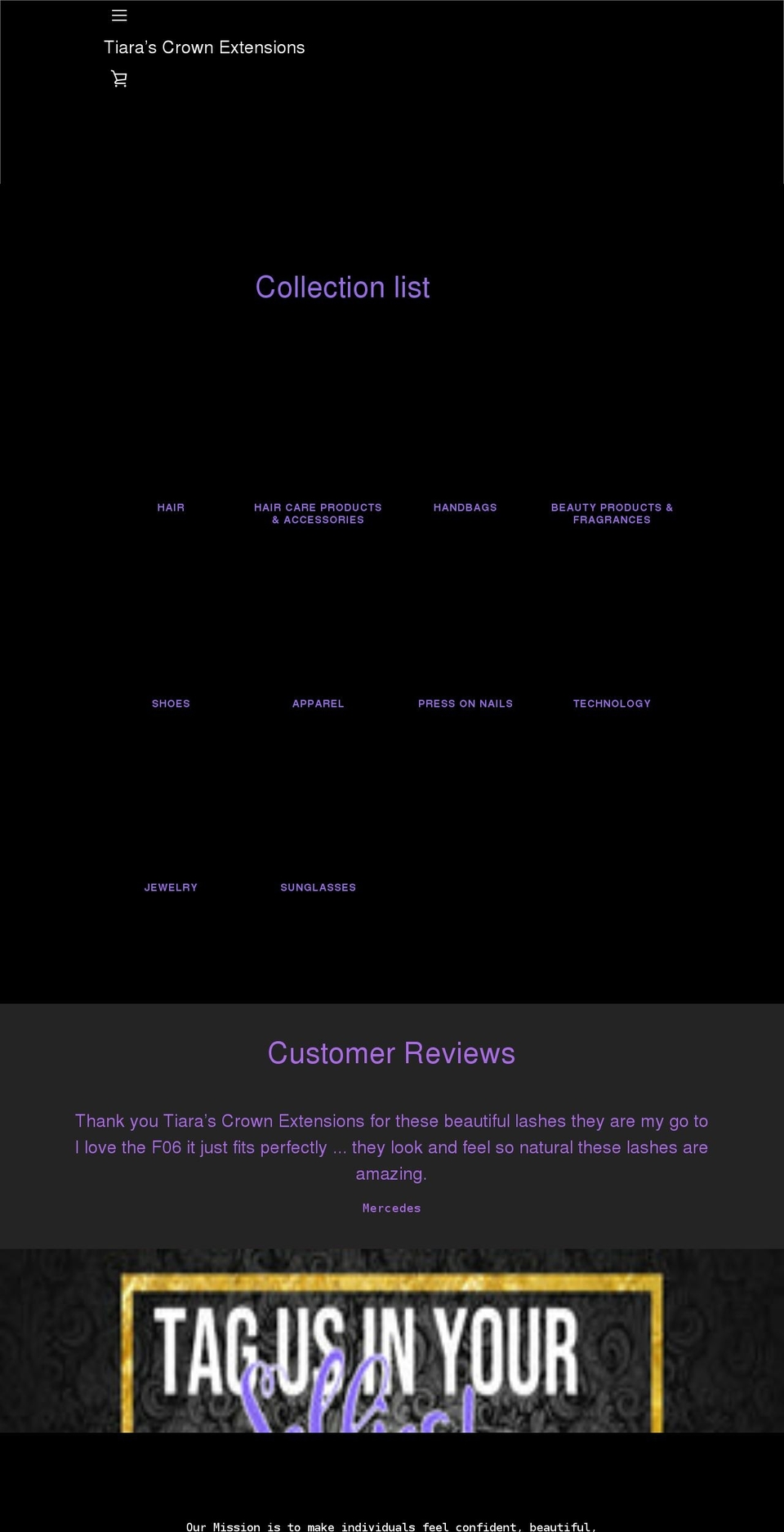 tiarascrownextensions.com shopify website screenshot