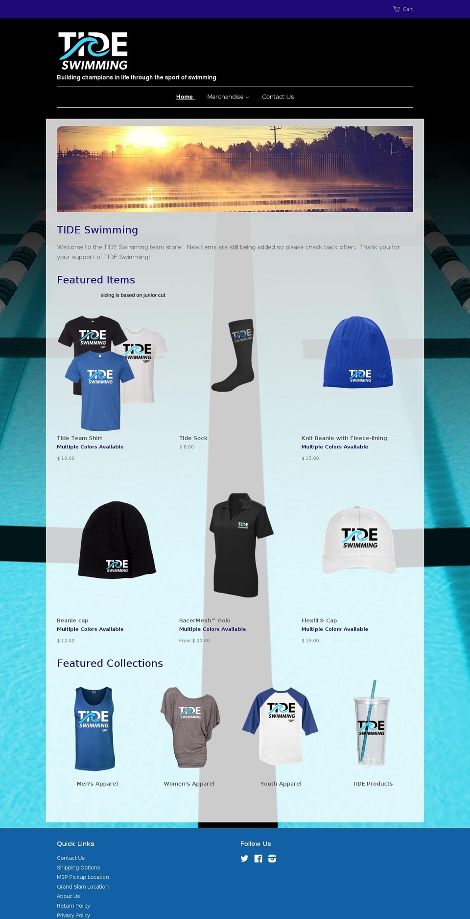 tidesswimmingstore.com shopify website screenshot