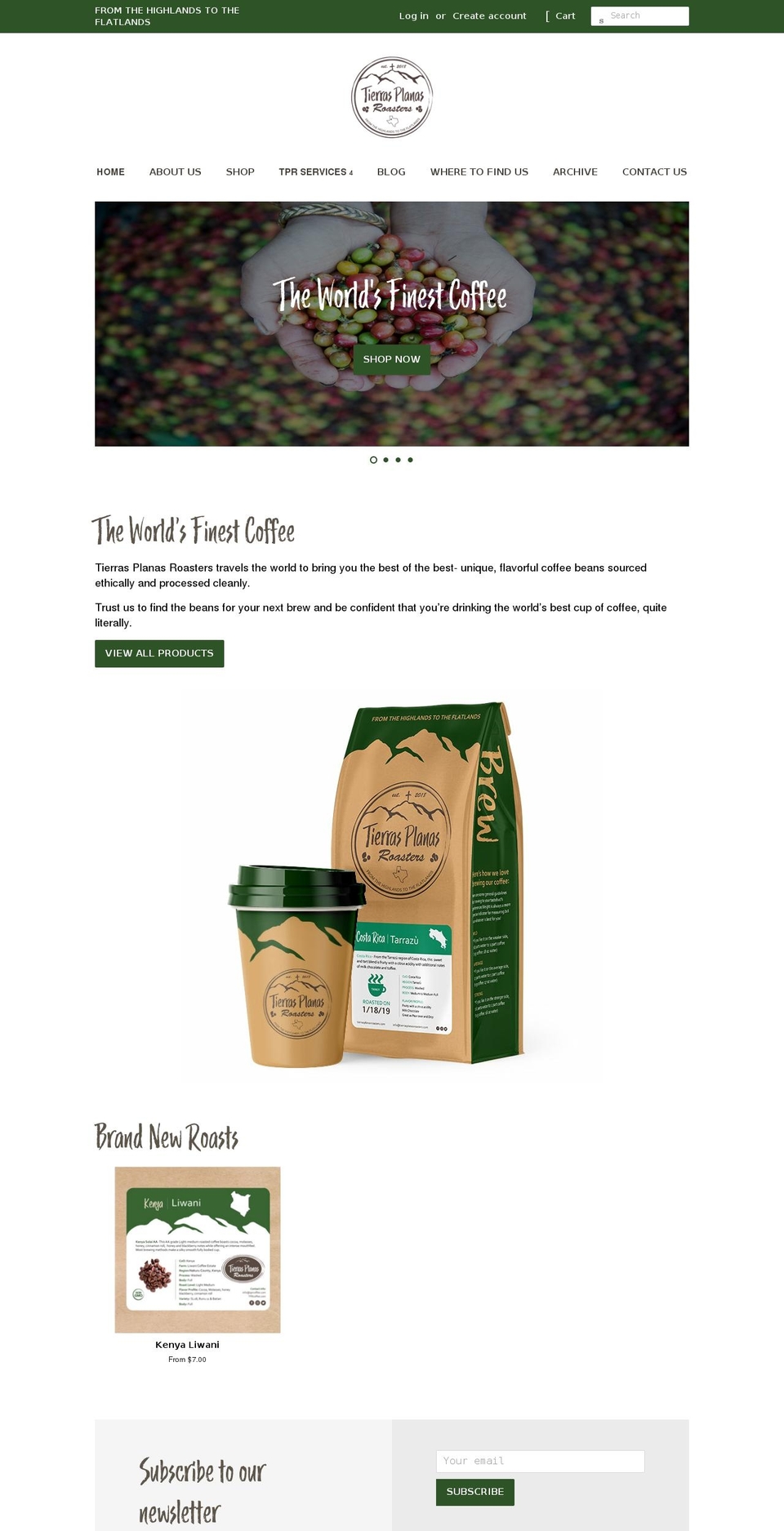 tierrasplanasroasters.com shopify website screenshot