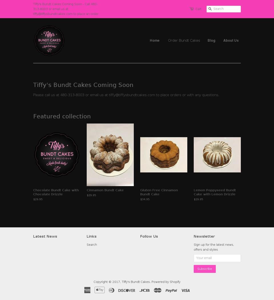 tiffysbundtcakes.com shopify website screenshot