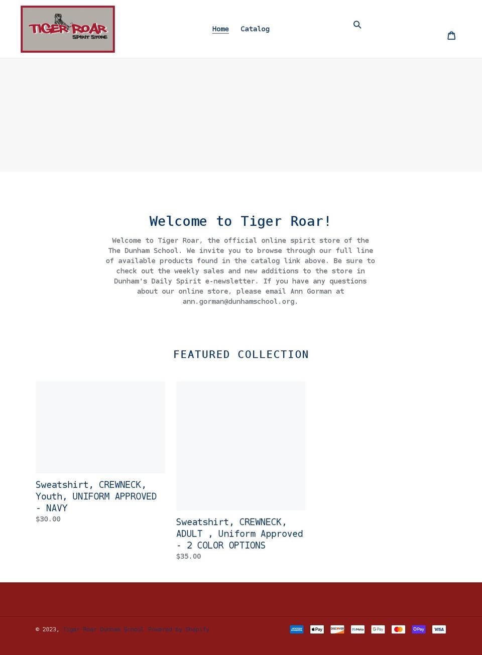 tiger-roar-dunham-school.org shopify website screenshot