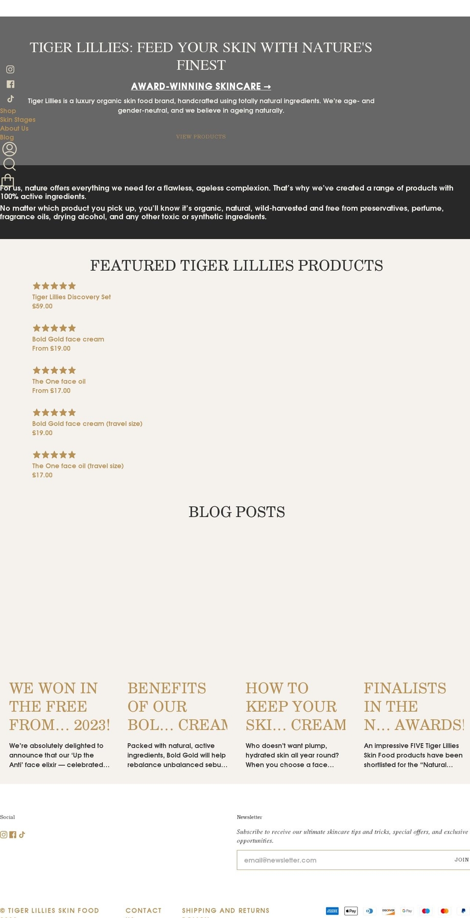 tigerlilliesskinfood.com shopify website screenshot