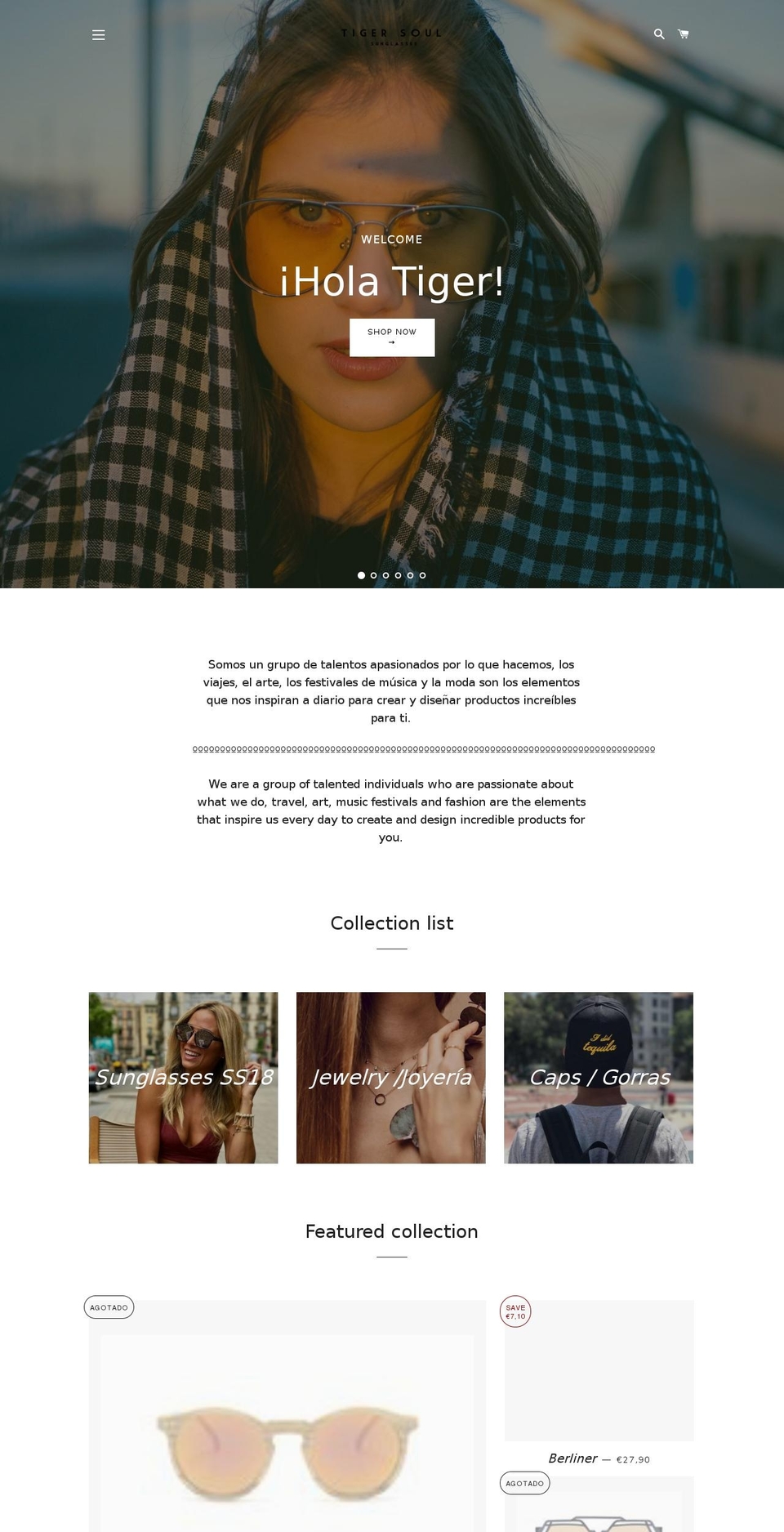 tigersoulsunglasses.com — Shopify storefront screenshot