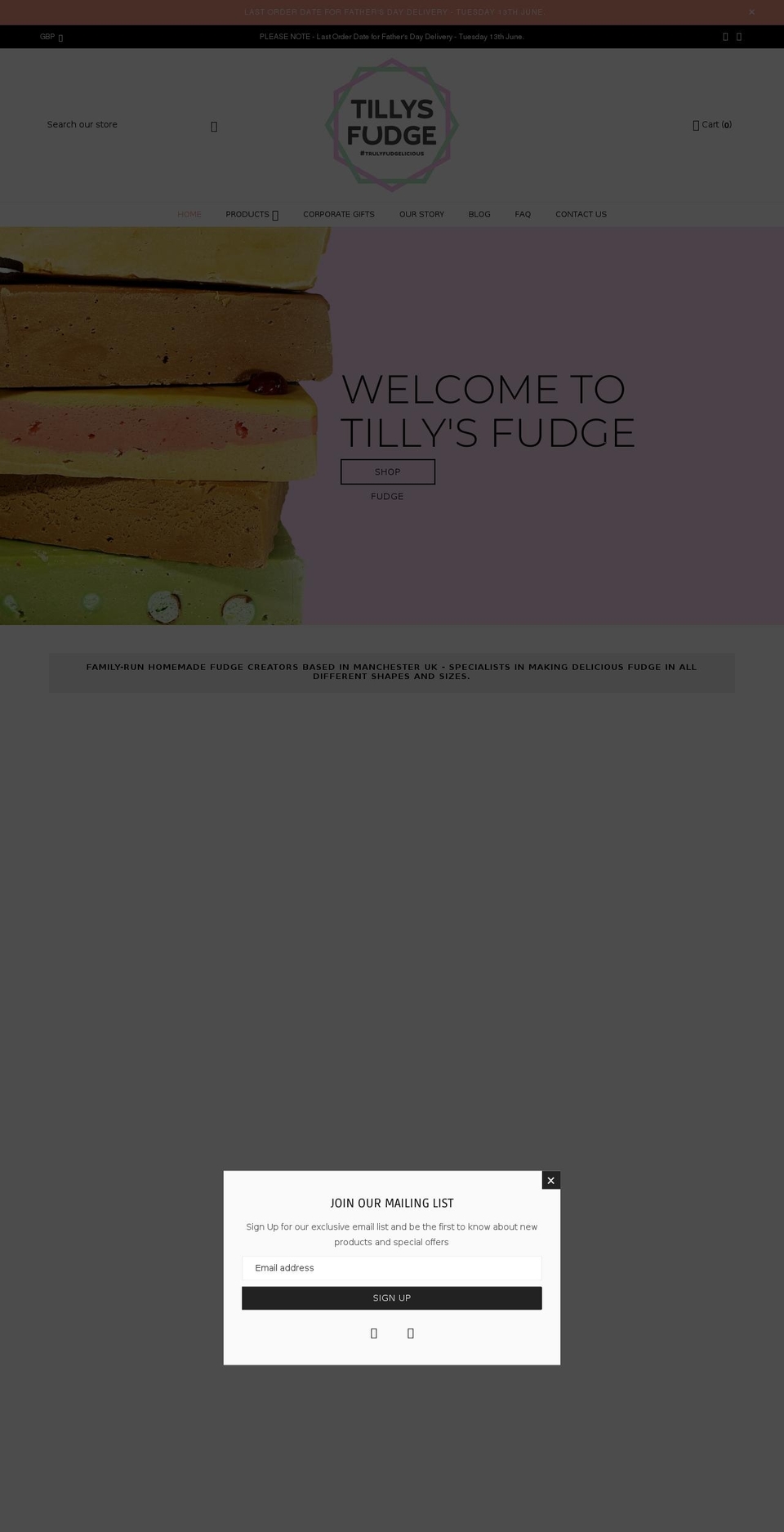 Valentines Shopify theme site example tillysfudge.co.uk