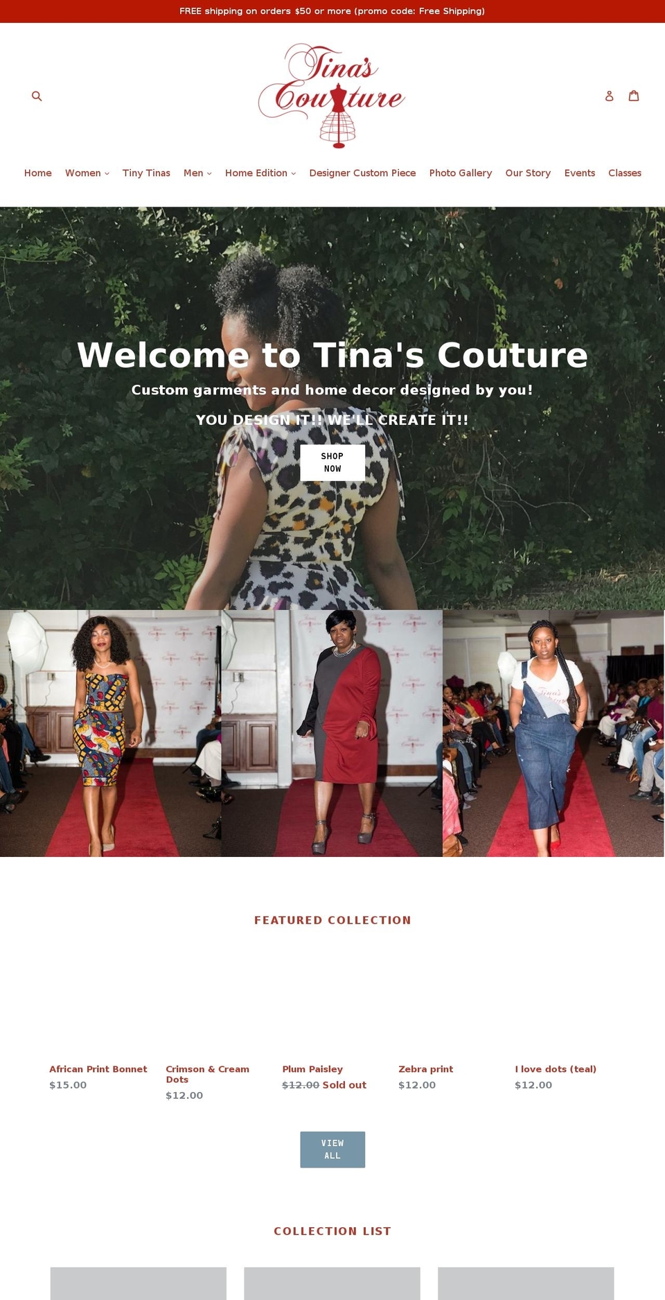 tinascouturellc.com — Shopify storefront screenshot