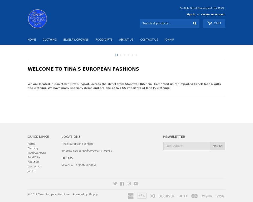 tinaseuropeanfashions.com — Shopify storefront screenshot