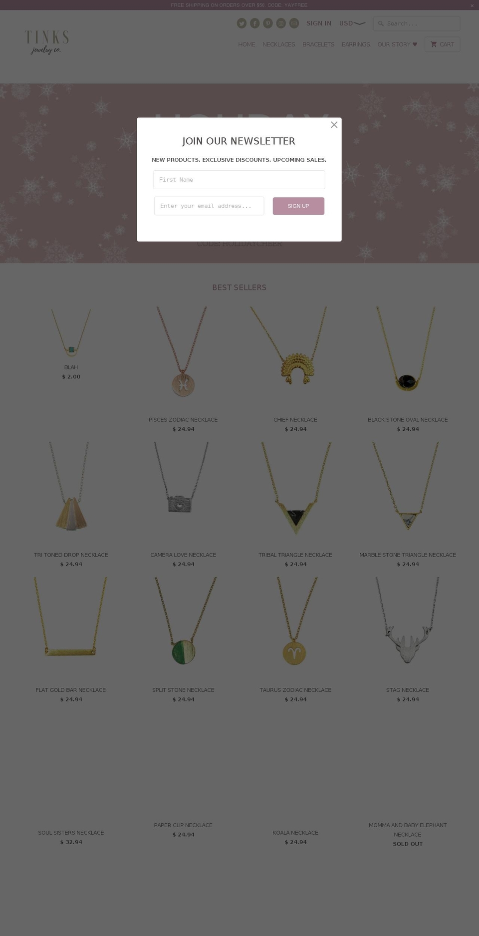 tinksjewelry.com shopify website screenshot