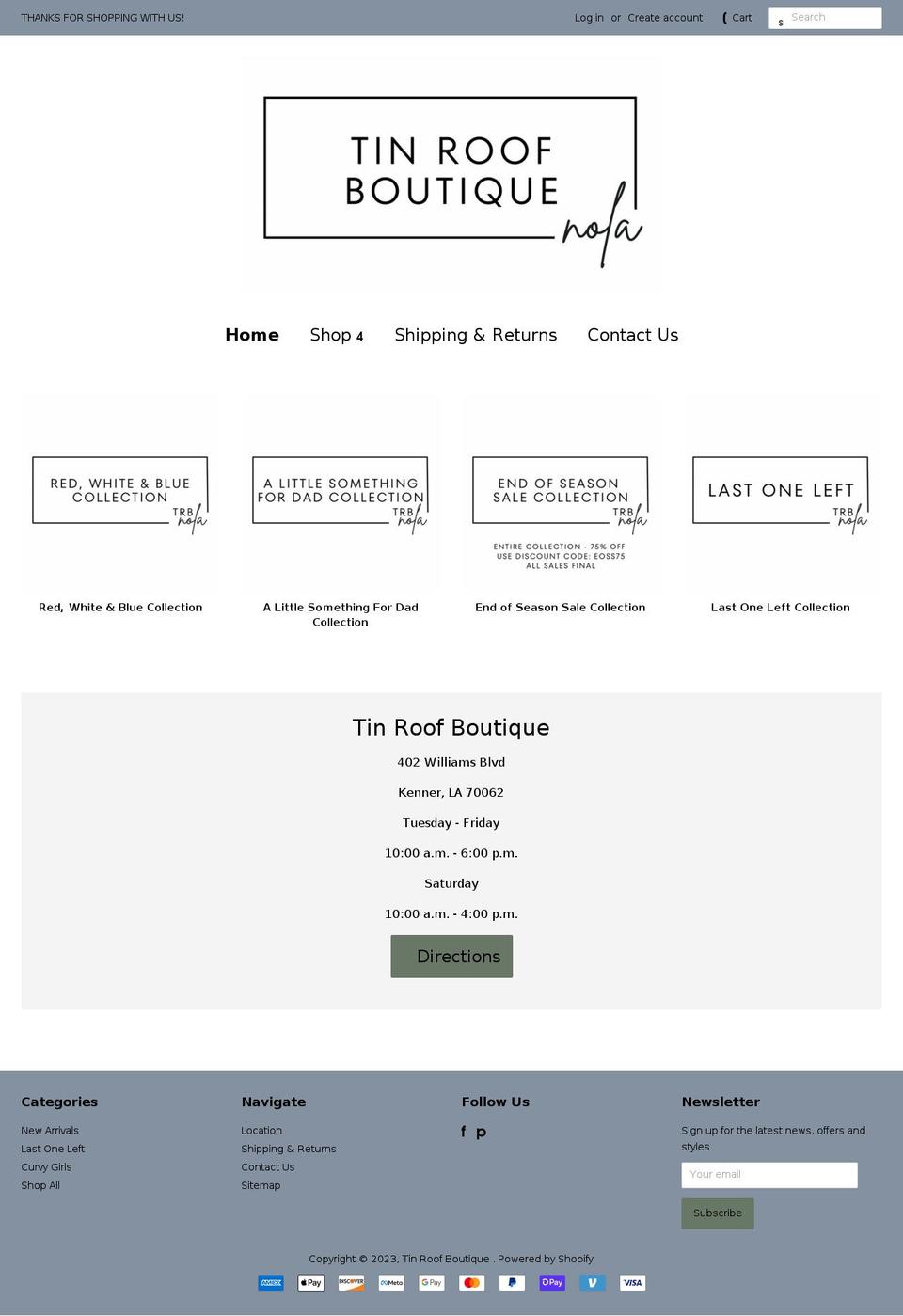 tinroofboutiquenola.com shopify website screenshot