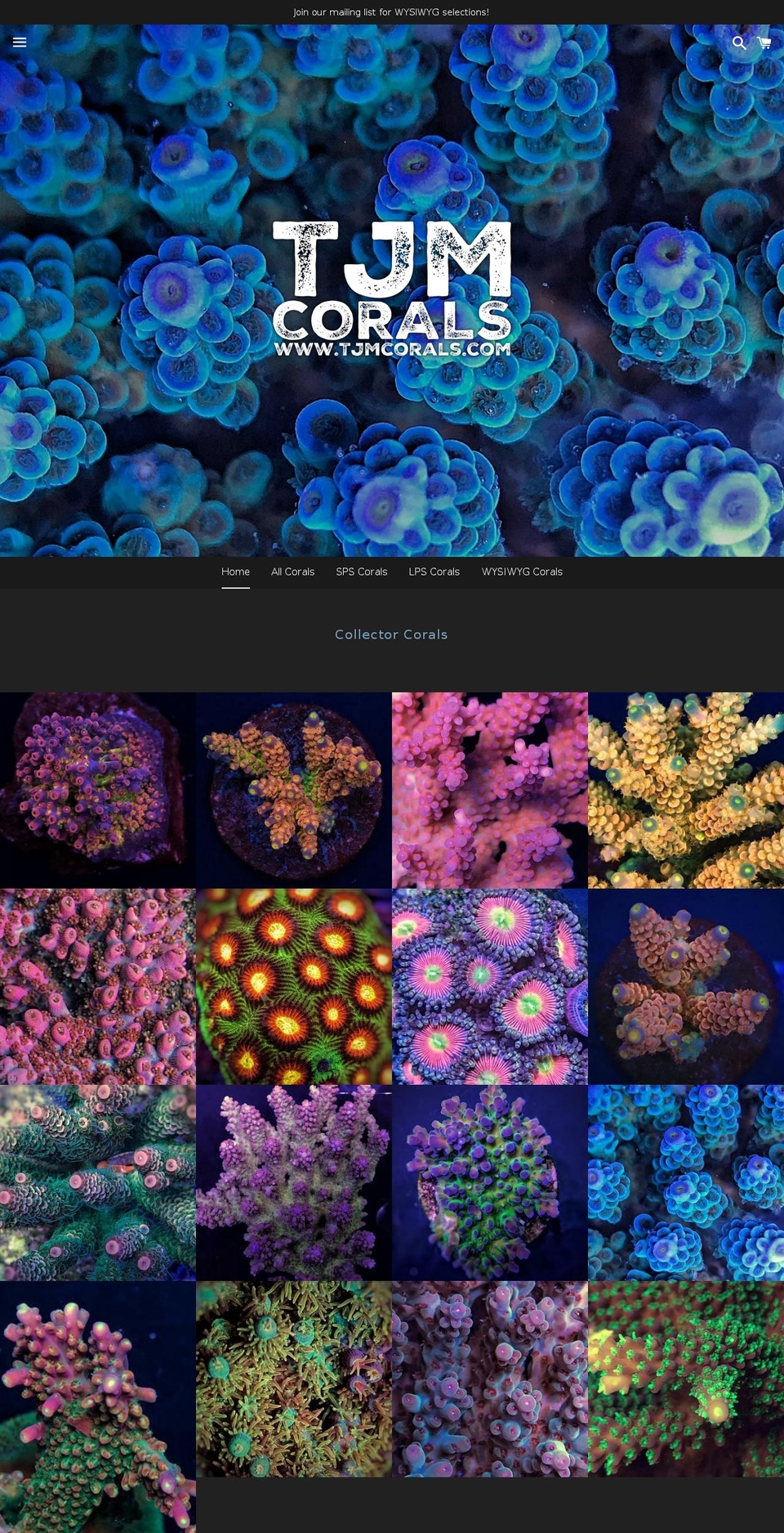 tjmcorals.com — Shopify storefront screenshot