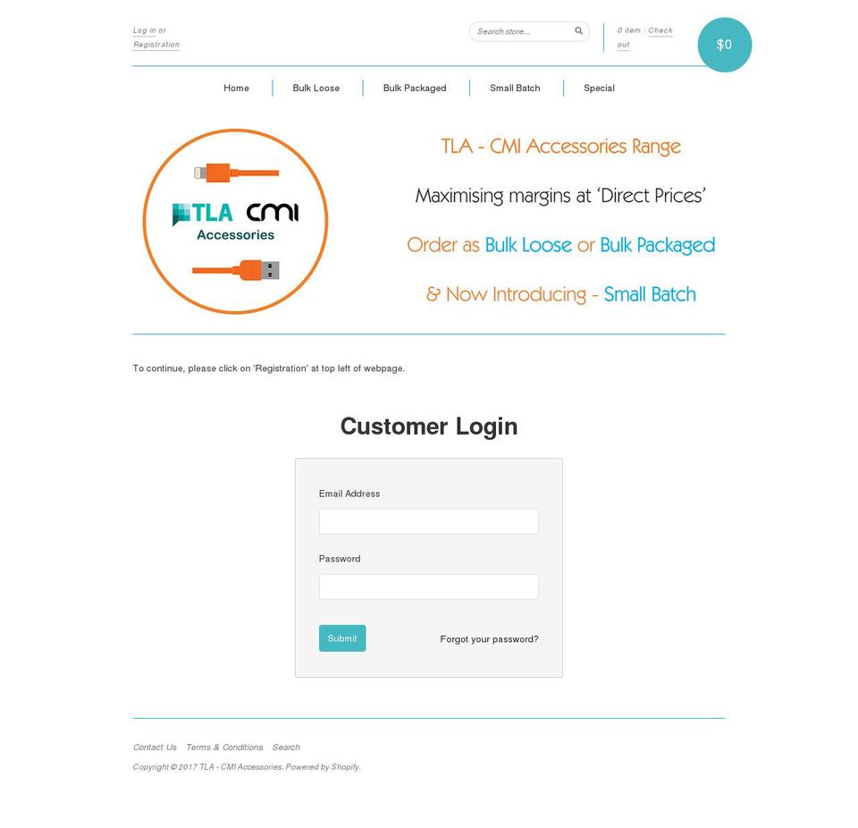 tla-cmiaccessories.com shopify website screenshot