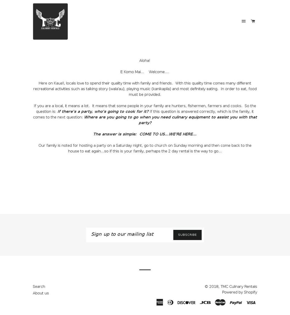 tmcculinaryrentals.com — Shopify storefront screenshot
