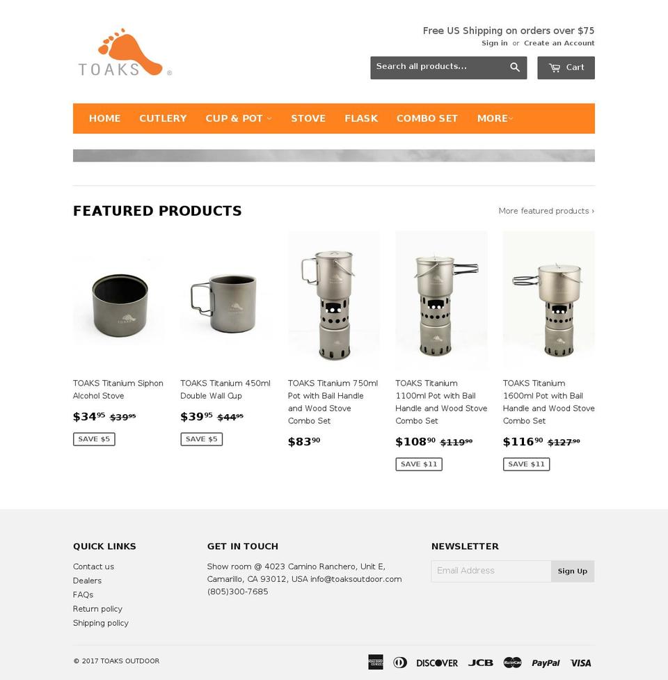 toaksoutdoor.com shopify website screenshot