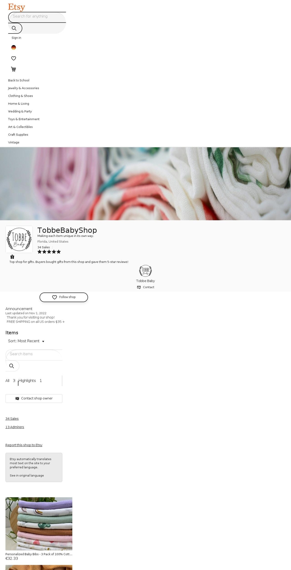 tobbebaby.com shopify website screenshot