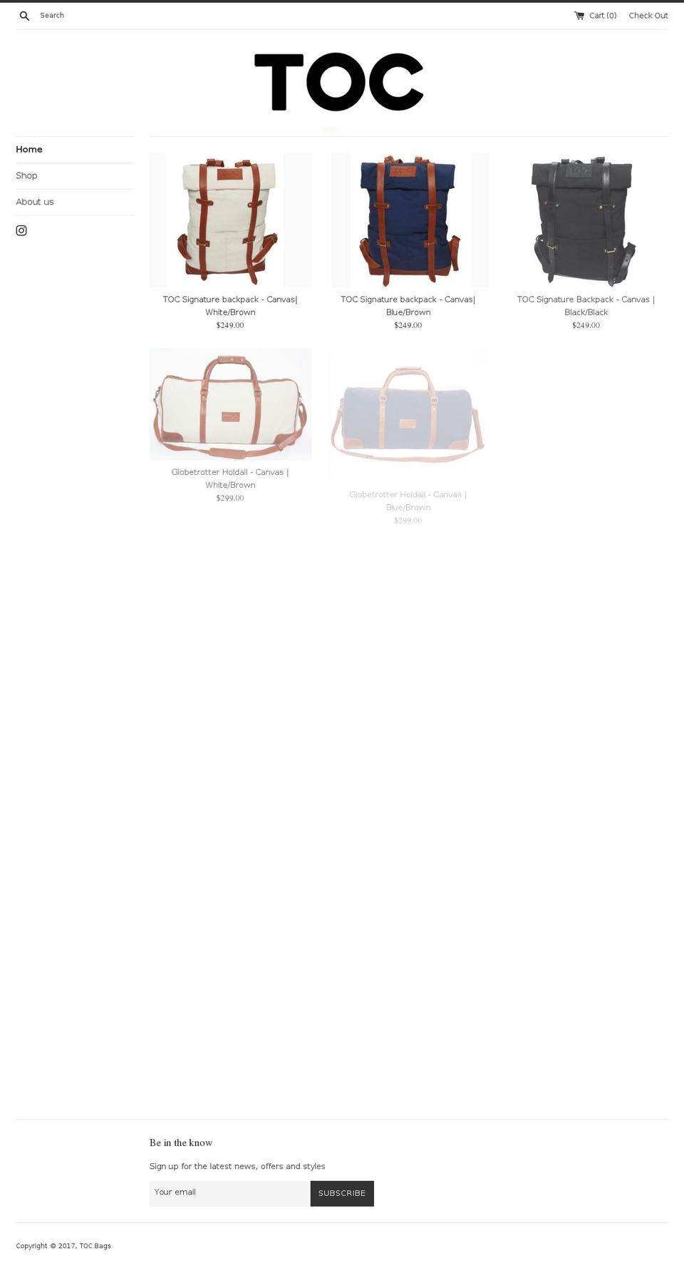 toc-bags.com shopify website screenshot