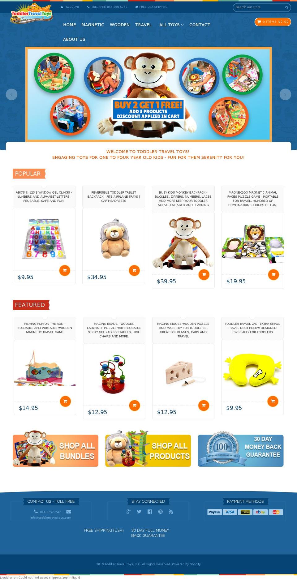 toddlertraveltoys.com shopify website screenshot
