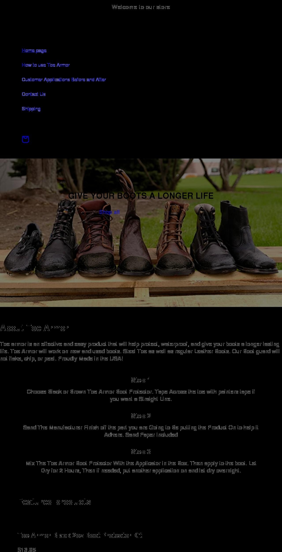 toearmor.com shopify website screenshot