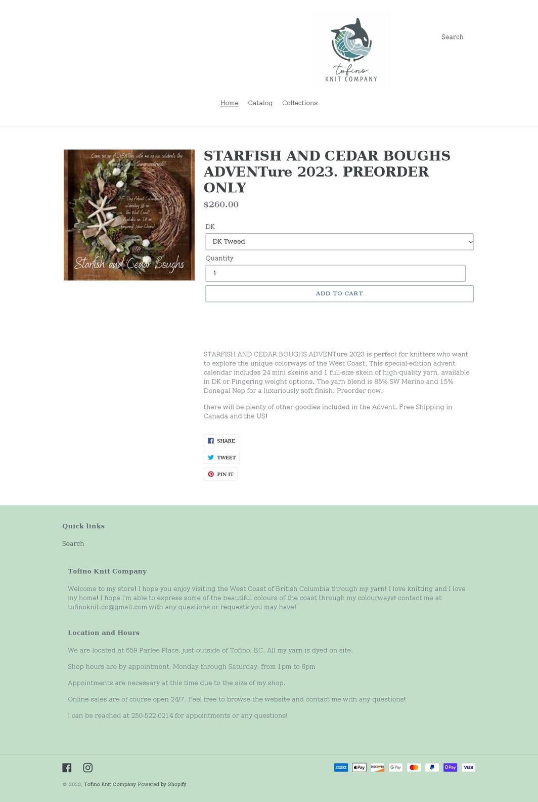 tofinoknitco.com shopify website screenshot