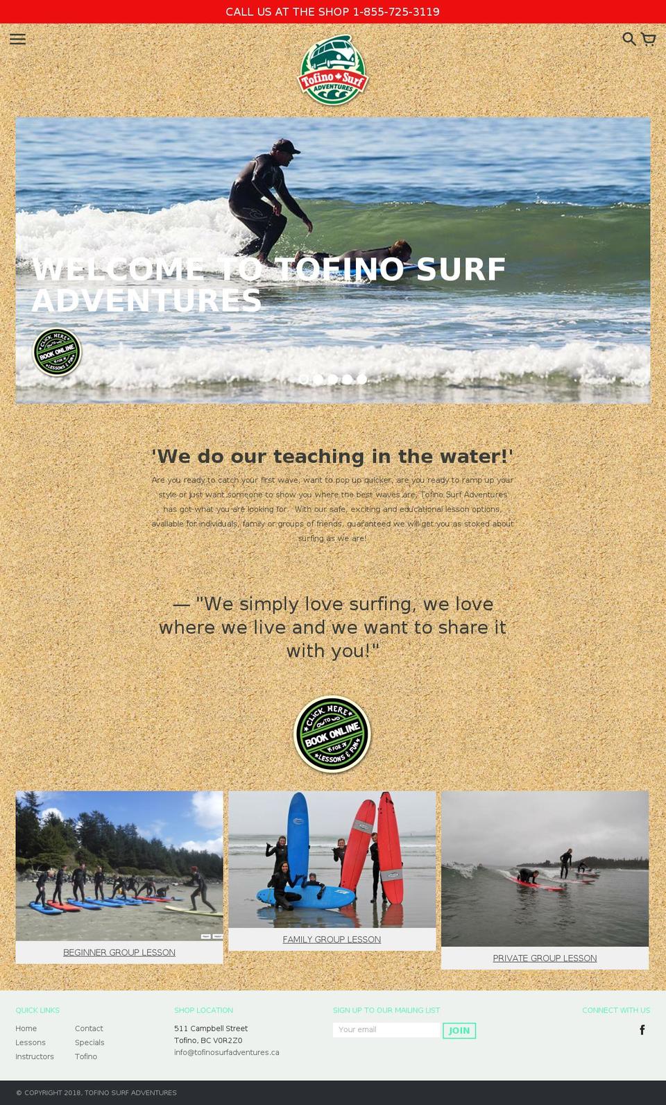 tofinosurfadventures.ca shopify website screenshot