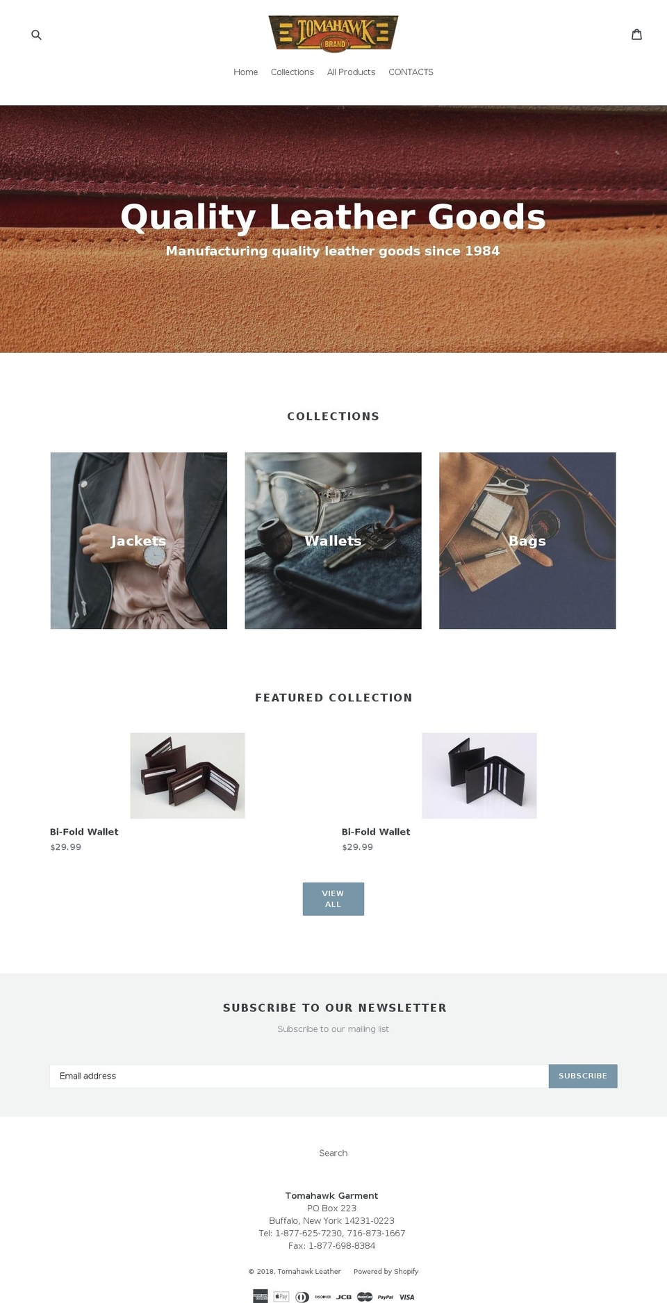 tomahawkleather.com — Shopify storefront screenshot
