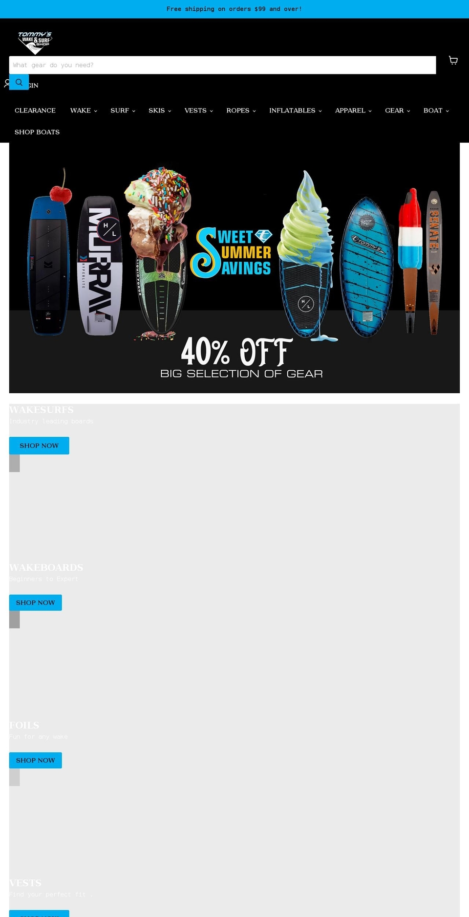 tommyswakeandsurf.com shopify website screenshot