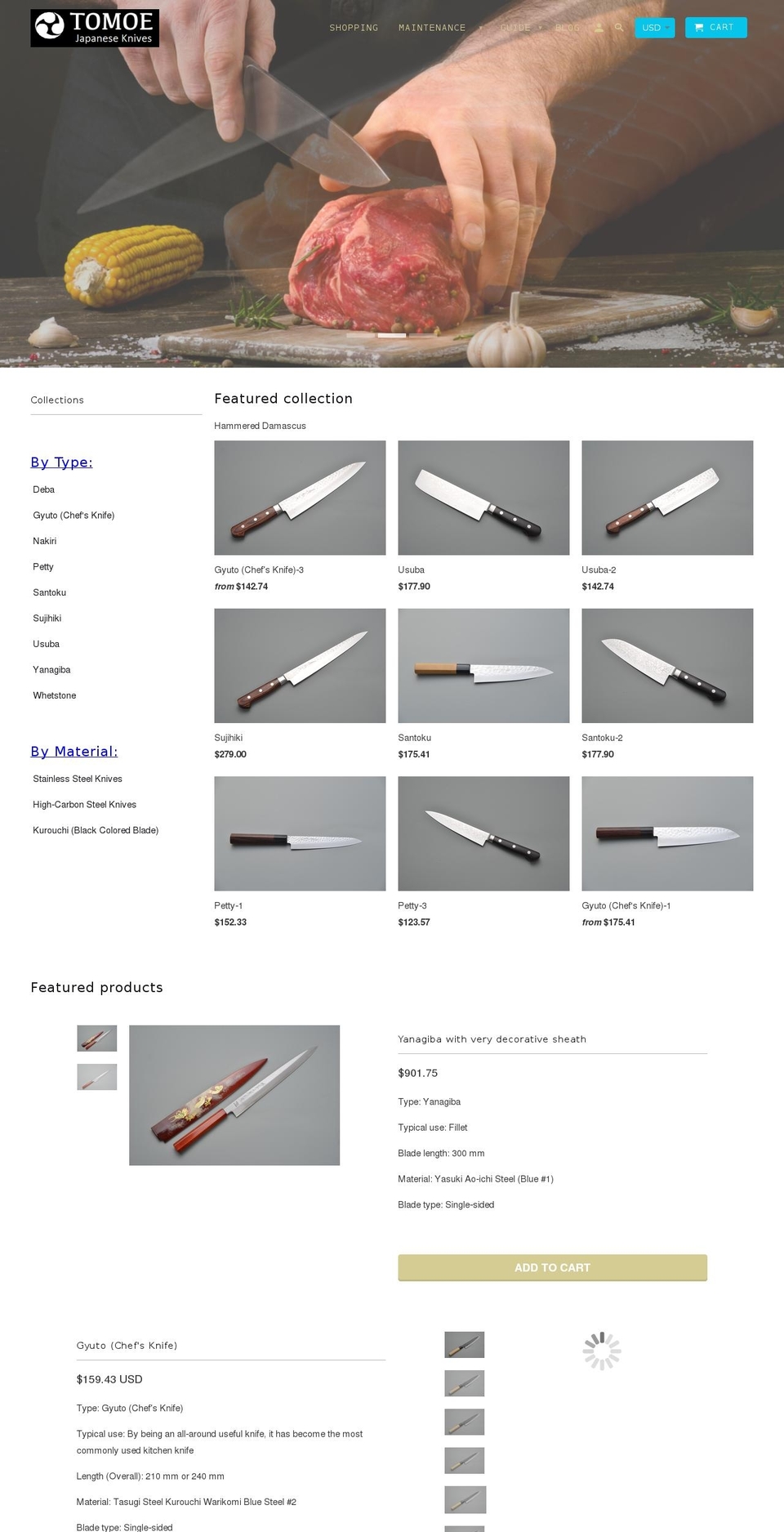 tomoejapaneseknives.com — Shopify storefront screenshot
