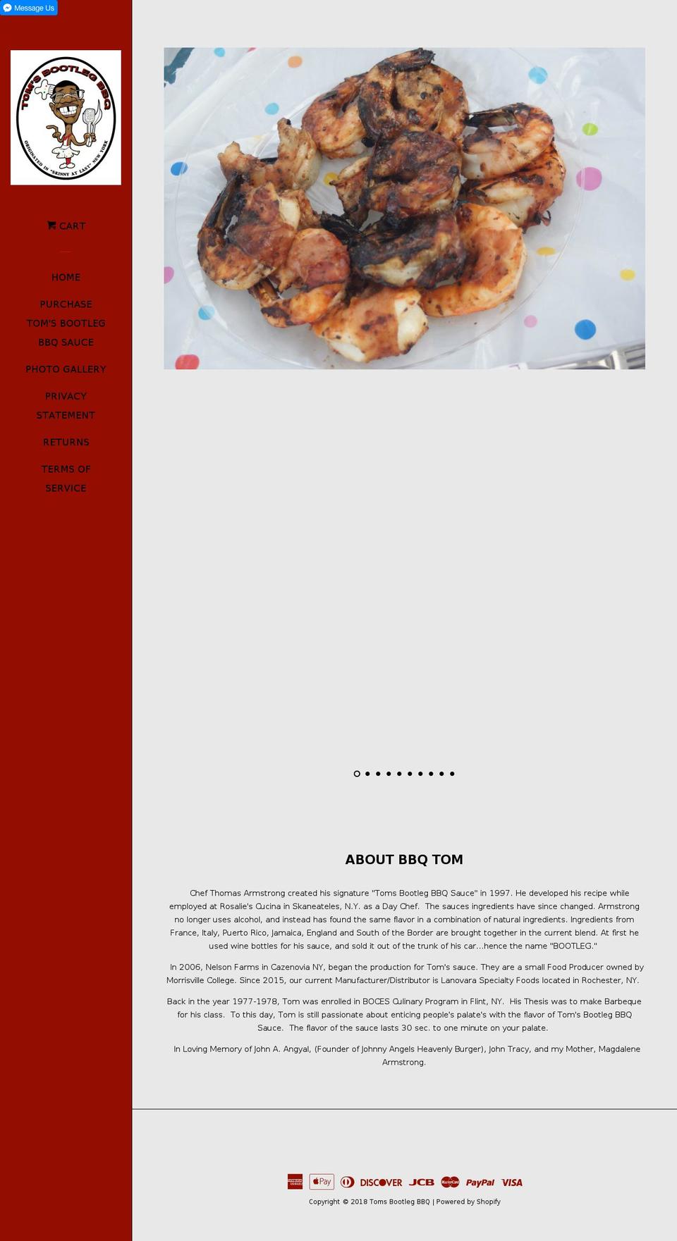 tomsbootlegbbq.com shopify website screenshot