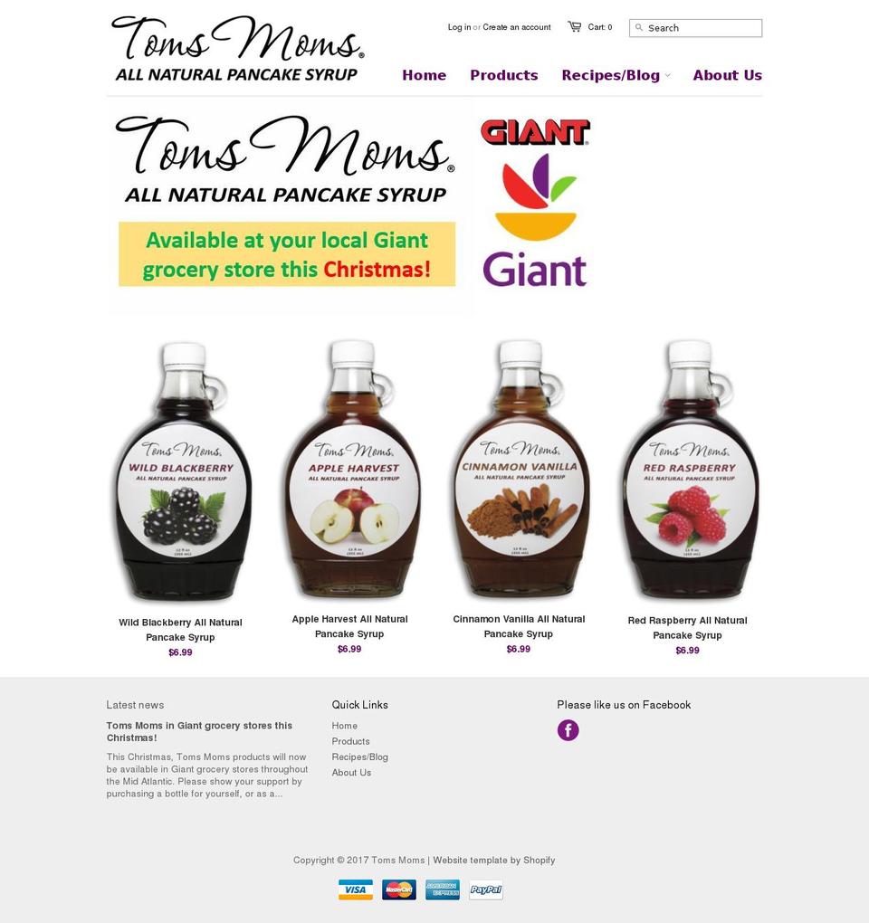 tomsmomsyrup.com shopify website screenshot