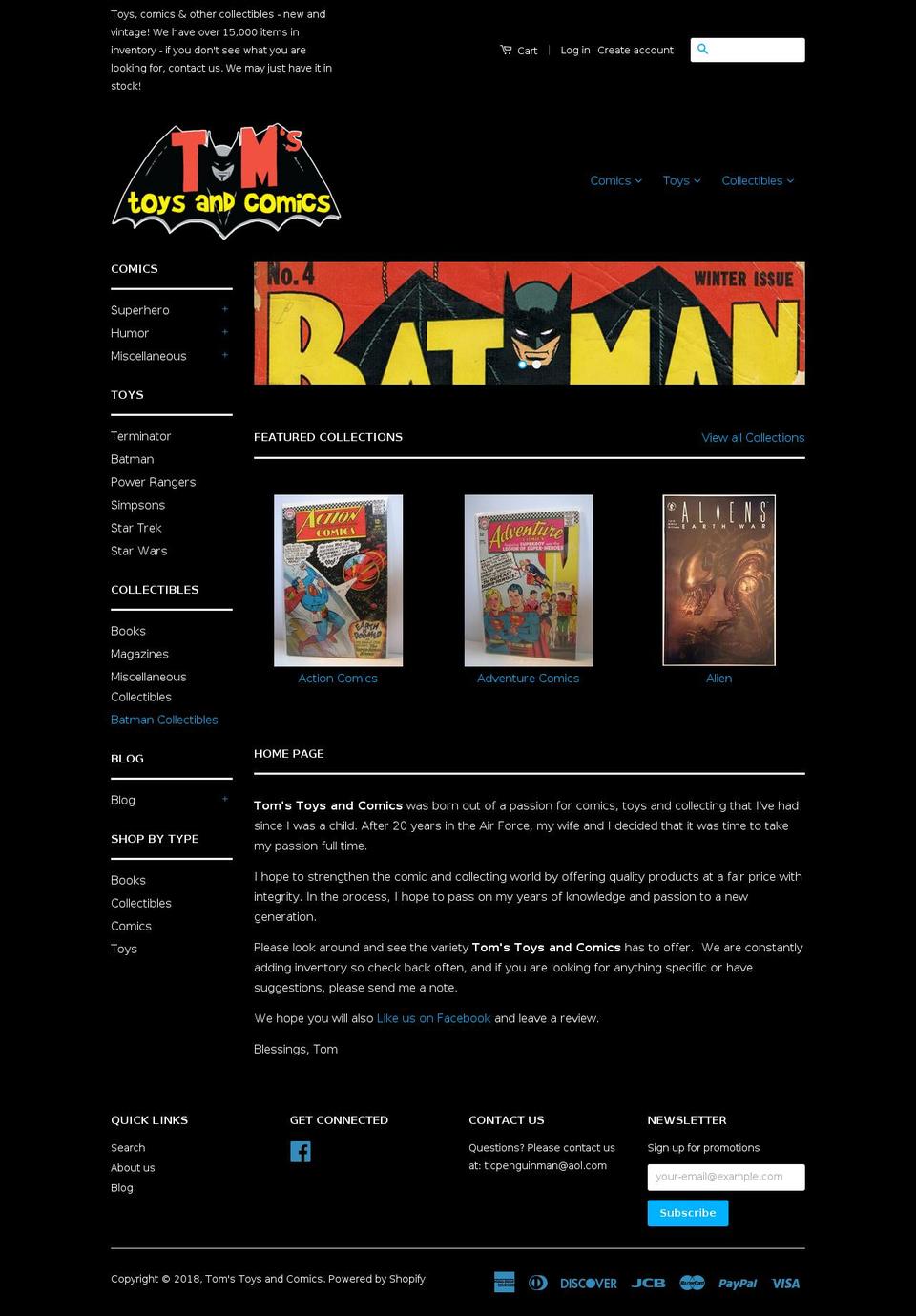 tomstoysandcomics.com shopify website screenshot