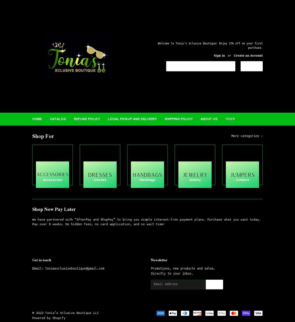 toniasxclusiveboutique.com shopify website screenshot