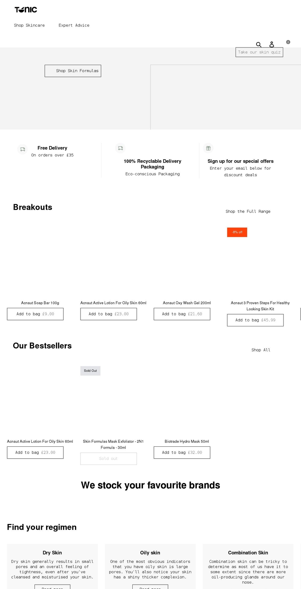 tonicskincare.co.uk shopify website screenshot
