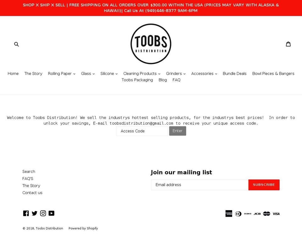 toobsdistribution.com shopify website screenshot