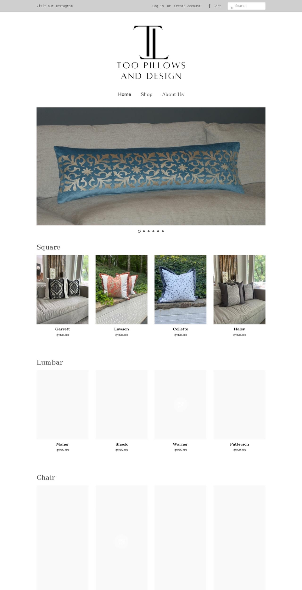 toopillows.com shopify website screenshot