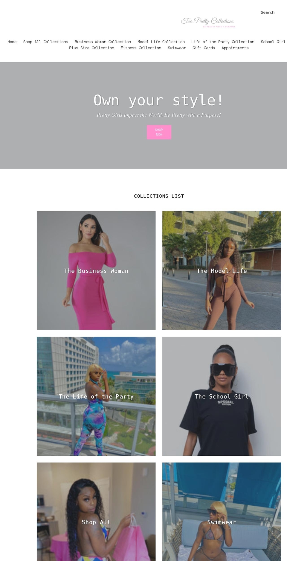 tooprettycollections.com shopify website screenshot