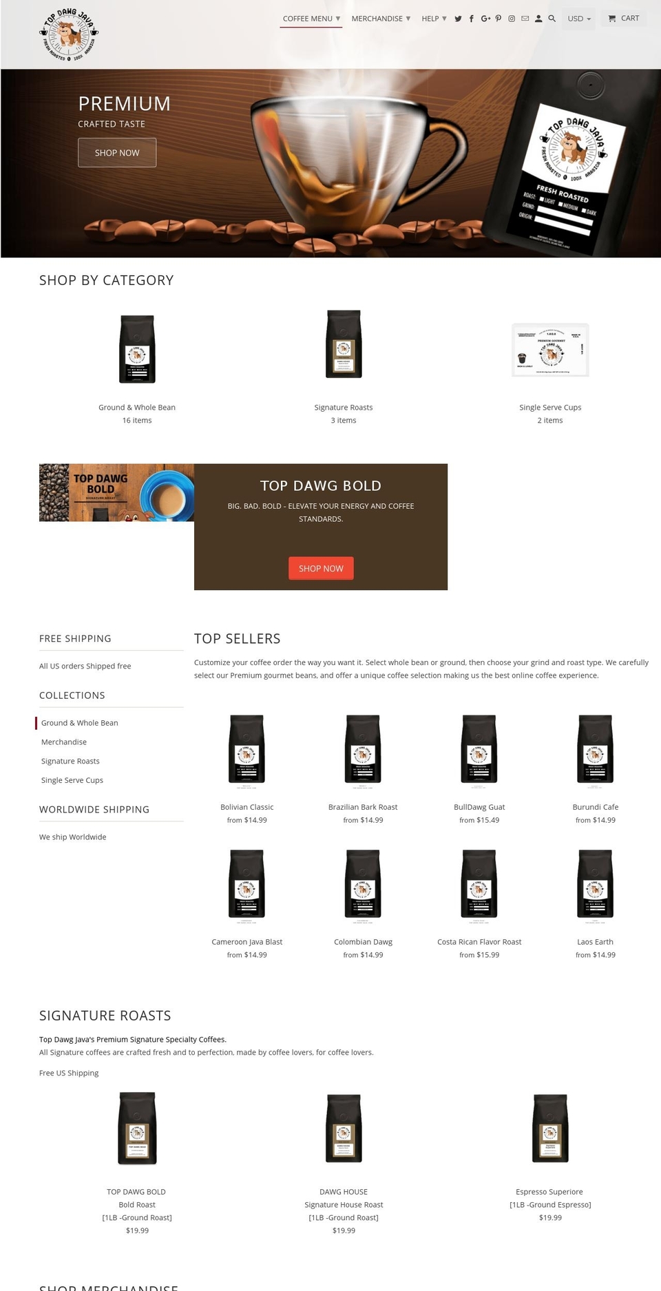 topdawgjava.com — Shopify storefront screenshot