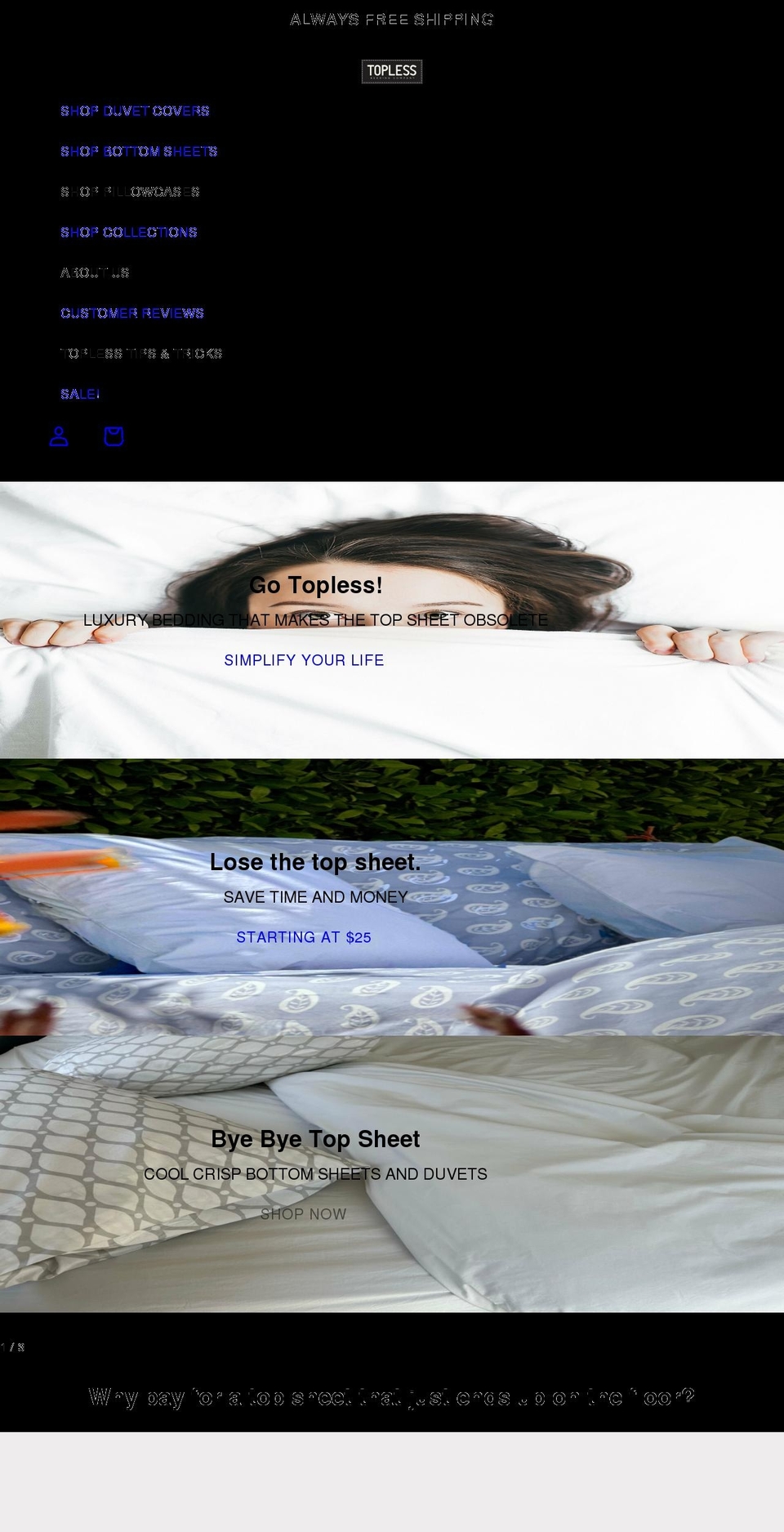 toplessbedding.com shopify website screenshot