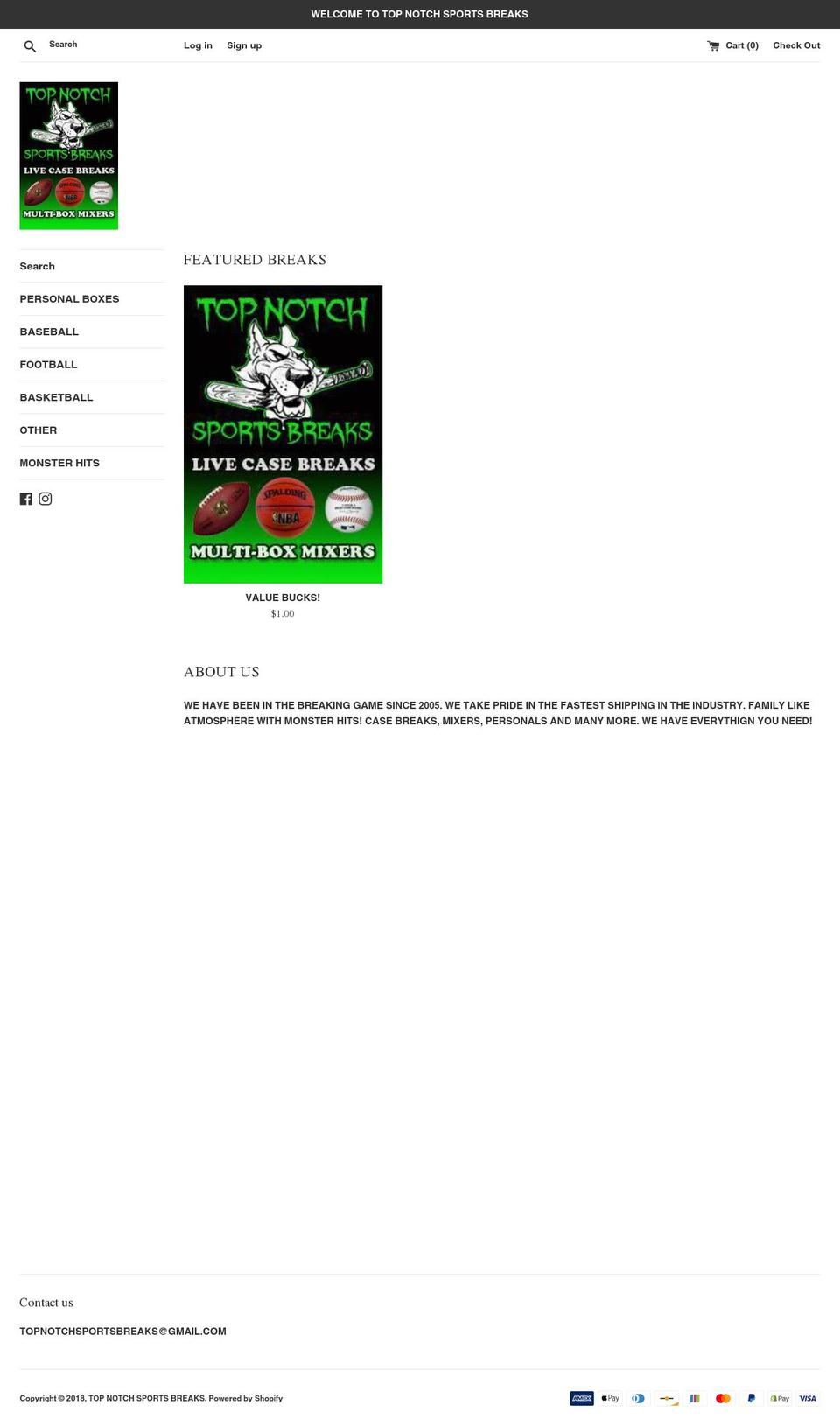 topnotchsportsbreaks.com — Shopify storefront screenshot
