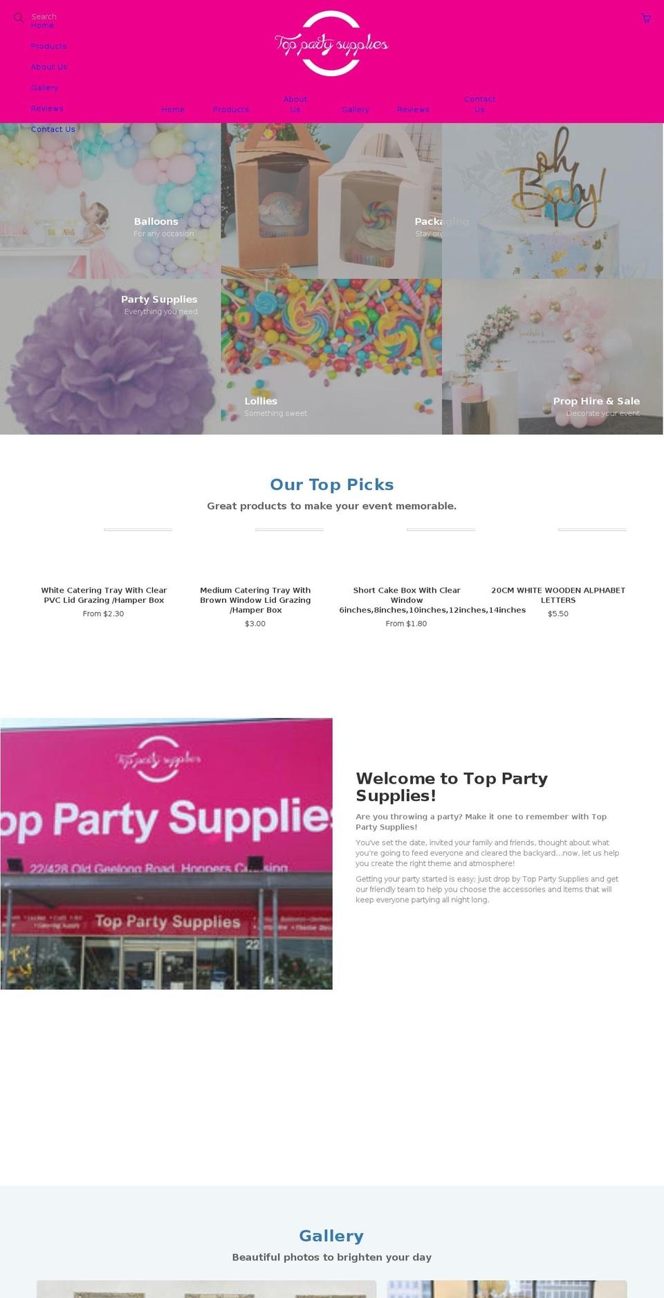 toppartysupplies.com.au shopify website screenshot